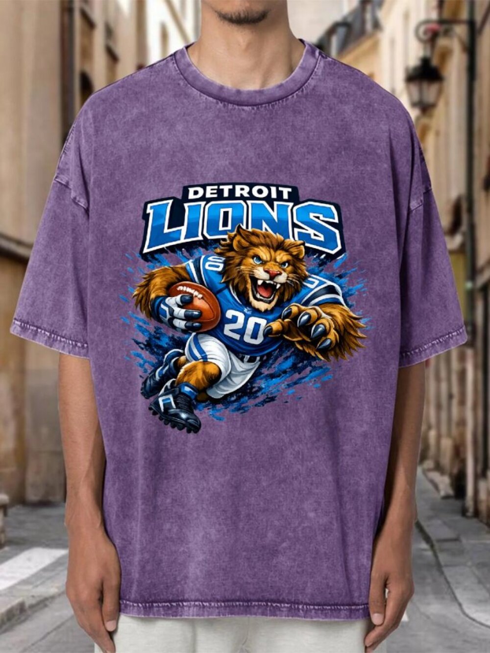 Detroit Lions Mascot NFL Purple Mineral Wash Oversized Tee EDHA4G6CSC04